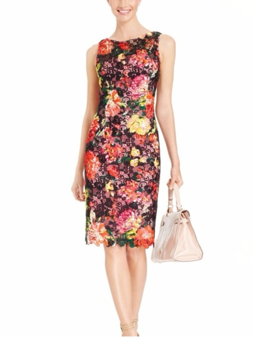 Adrianna Papell Black Floral Lace Midi Dress with Multicolor Blooms